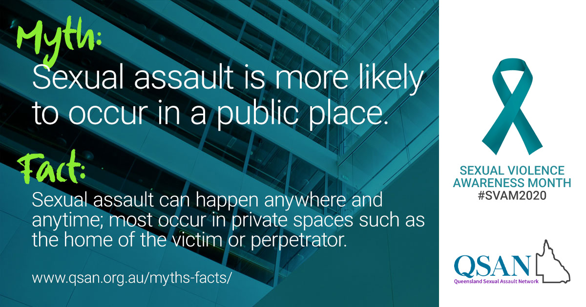 Myth: Sexual assault is more likely to occur in a public place. Words on image of buildings.