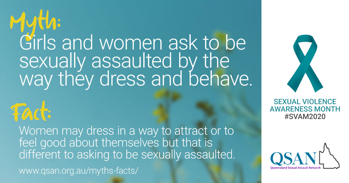 Myth: Girls and women ask to be sexually assaulted by the way they dress and behave. Text on image of yellow flowers and teal blue sky