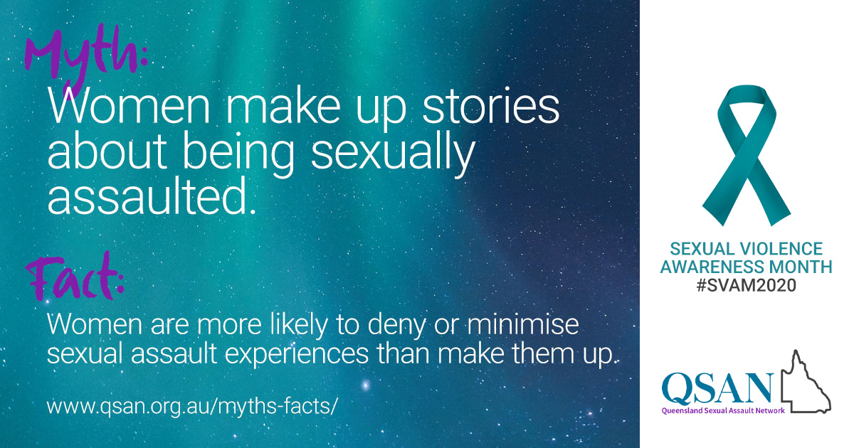Myth: Women make up stories about being sexually assaulted. Text over teal blue image of northern lights.