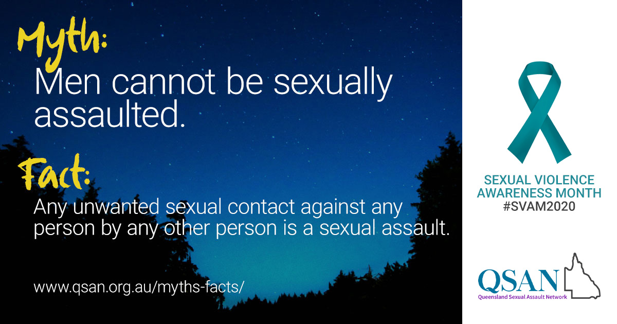 Myth: Men cannot be sexually assaulted. text above image of starry sky above silhouette of forest trees.