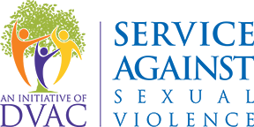 DVAC service against sexual violence logo three figures in yellow purple and orange in front of a green tree
