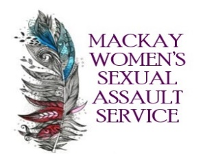 image of feather with blue and red patterns and love hearts then purple text reading mackay womens sexual assault service