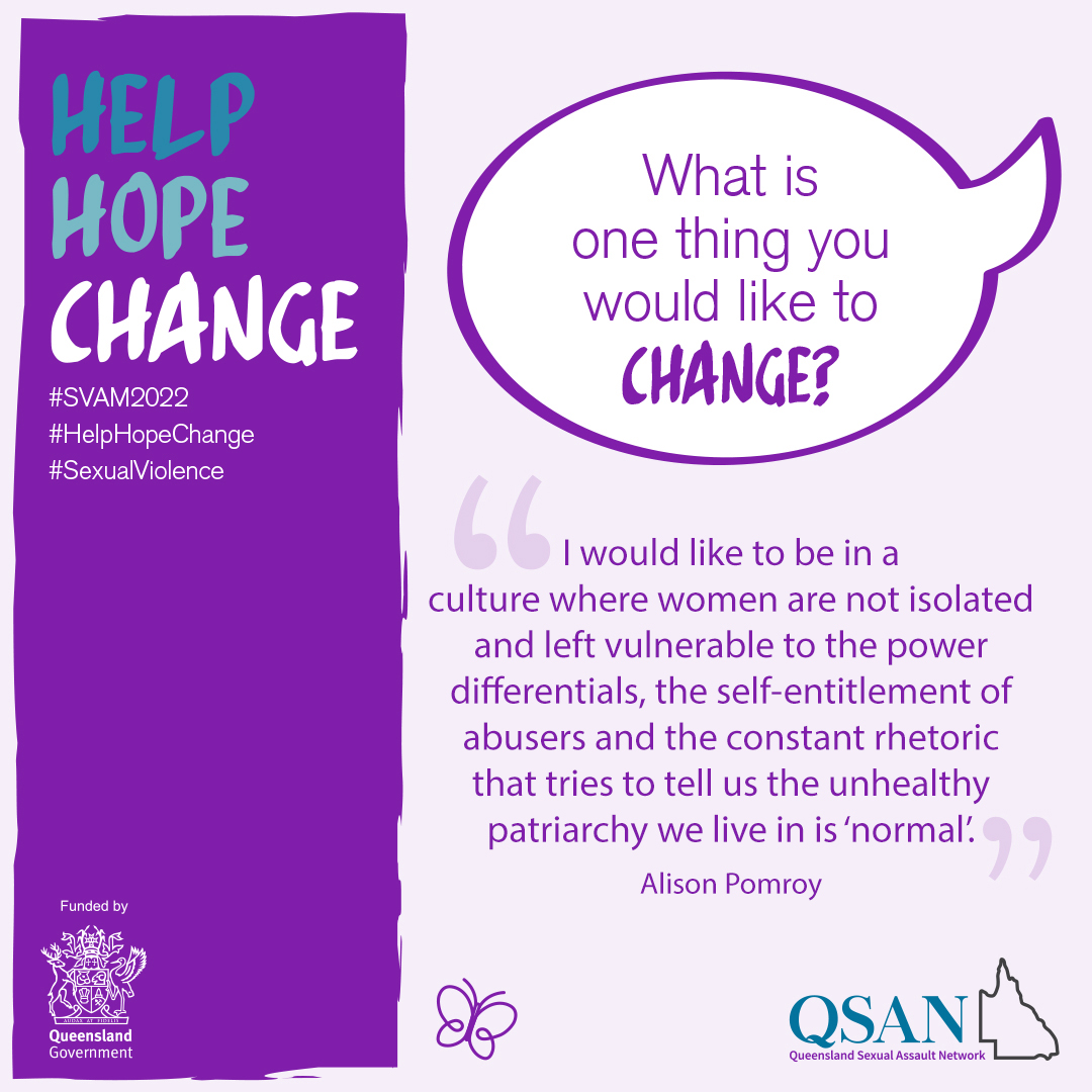 A speech bubble with the words, What is one thing you would like to change? on a pink/purple background with the campaign title Help Hope Change, funded by Qld Gov and the QSAN logo, teal letters and outline of Queensland.