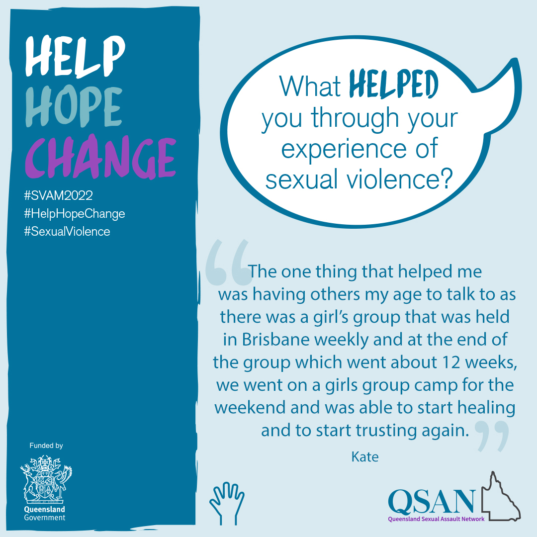 A speech bubble with the words, What helped you through your experience of sexual violence? on a teal background with the campaign title Help Hope Change, funded by Qld Gov and the QSAN logo, teal letters and outline of Queensland.