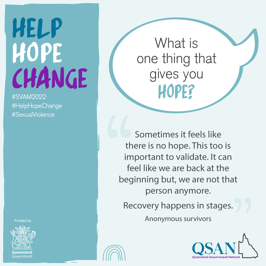 A speech bubble with the words, What is one thing that gives you hope? on a light teal background with the campaign title Help Hope Change, funded by Qld Gov and the QSAN logo, teal letters and outline of Queensland.