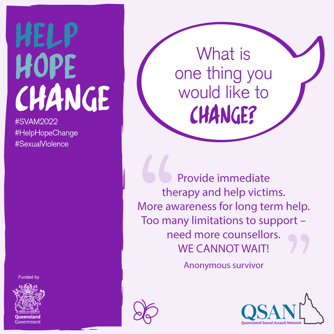 A speech bubble with the words, What is one thing you would like to change? on a pink/purple background with the campaign title Help Hope Change, funded by Qld Gov and the QSAN logo, teal letters and outline of Queensland.