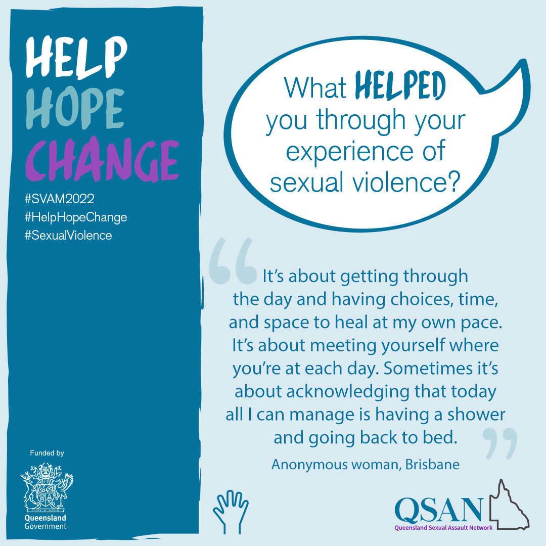 A speech bubble with the words, What helped you through your experience of sexual violence? on a teal background with the campaign title Help Hope Change, funded by Qld Gov and the QSAN logo, teal letters and outline of Queensland.